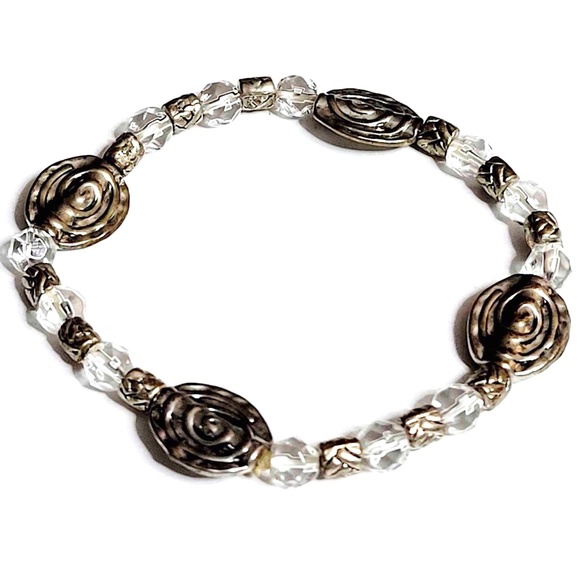 Vintage Handcrafted Heavy Silver Metal & Clear Crystal Beaded Bracelet 7" - Picture 4 of 6